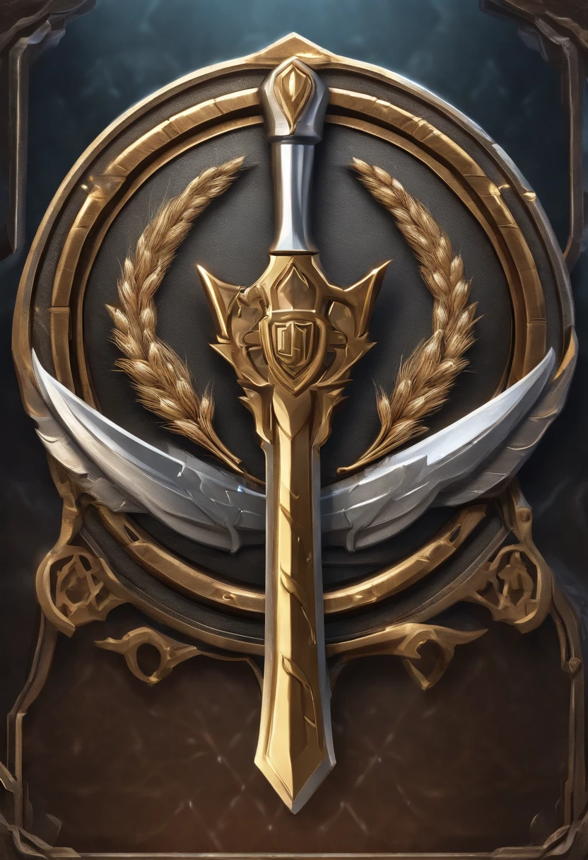 (Game achievement badge design),silver medal,Flat 2D Effects,Wheat border ears,(In the center of the medallion there is an icon at the intersection of the hammer and the wrench)、sword and magic