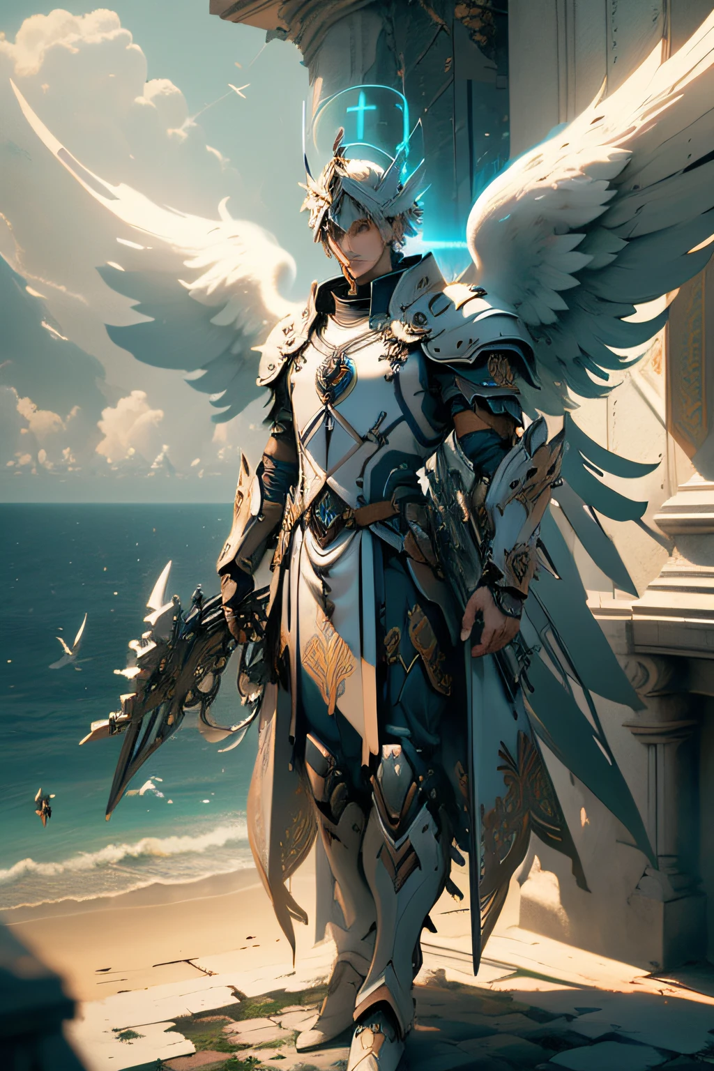 (((St. Michael the Archangel.))) ((( With a serious face))) (obra prima, qualidade superior, melhor qualidade, Arte Oficial, Beautiful and Aesthetic: 1.2), extremamente detalhado, (Arte Fractal: 1.3), Colouring, mais alto detalhado, rosto perfeito, parte superior do corpo, HDR, (Rezando: 1.3), (Trilhas luminosas: 1.2), Cores vibrantes,