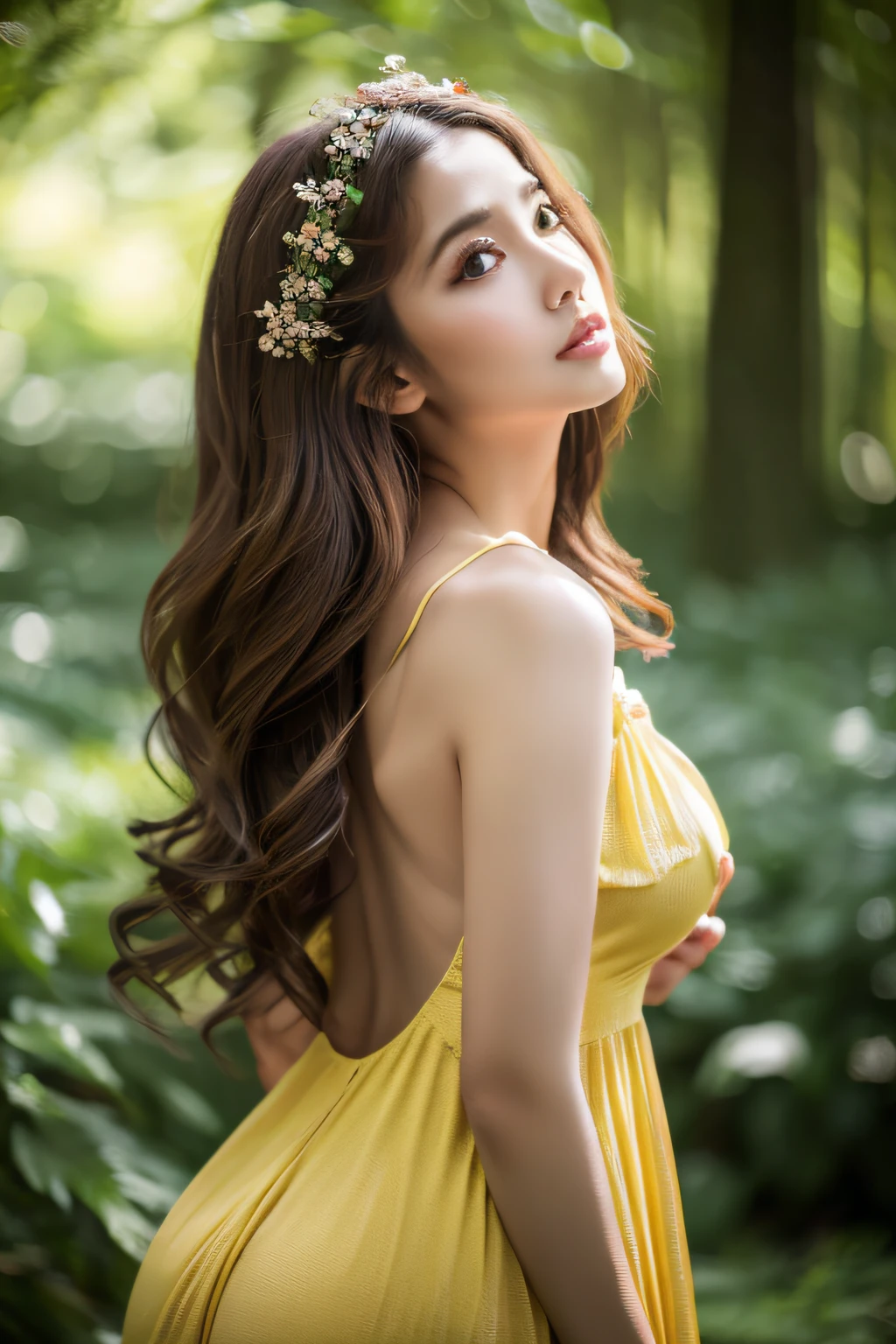in woods、forest fae、masterpiece、top-quality、独奏、(paler:1.04)、(Curta:1.15)And(Curvaceous)femele(flawless skin:1.11)And(teats:1.1)、full body Esbian、Beautiful standing figure、high angle and(Yellow dress)、((Near and far law:0.6)Green dress)、(face perfect:1.1)with an intricate(high detal:1.1)Body、covering the navel、hiding breast、covers、eyes up、s lips、wings grow on the back,、Gorgeous brown long wavy hair、photographed by lee jeffries nikon d850 film stock photograph 4 kodak portra 400 camera f1.6 lenses Rich colors Ultra-realistic textures Dramatic lighting Art Station Cinestar 800 Unreal Engine Trends