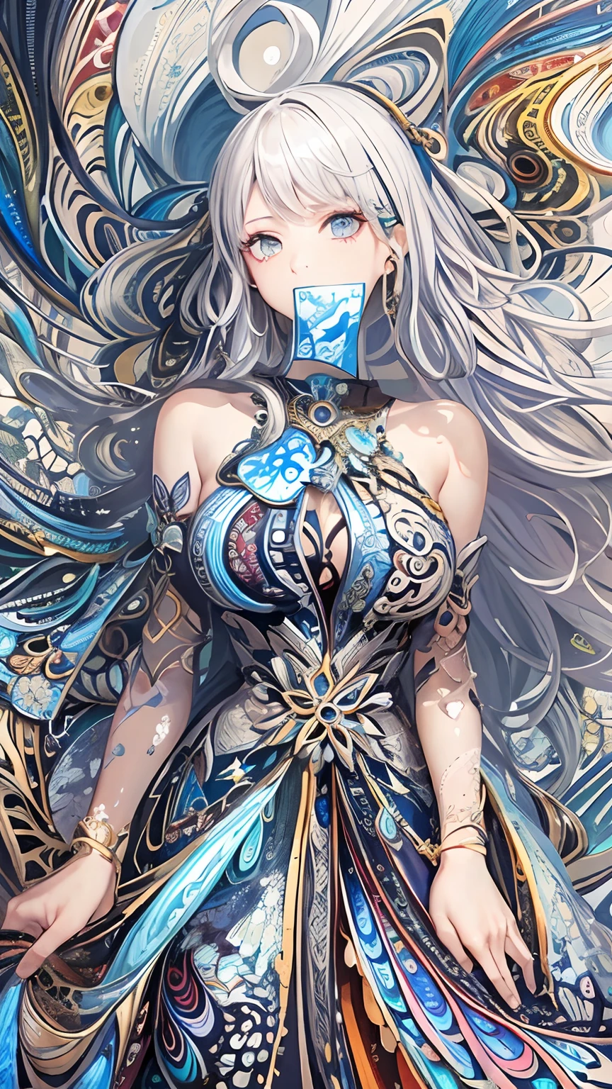 (masterpiece、top-quality、top-quality、Silvery hair、Official Art、Beautifully Aesthetic:1.2)、(1girl in:1.3)、ighly detailed、(Fractal Art:1.2)、colourfull、highestdetailed、(Zentangle:1.2)、(Dynamic Pause) 、(abstract background:1.5)、(Traditional dress:1.2)、(shinny skin)、(many colors:1.4)、The upper part of the body