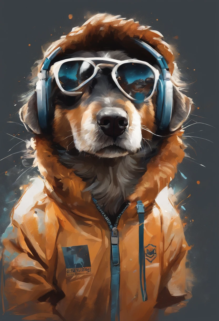 Perfect centering, Cute dog, Wear a student team jacket, Wearing sunglasses, Wearing headphones, cheerfulness, Standing position, Abstract beauty, Centered, Looking at the camera, Facing the camera, nearing perfection, Dynamic, Highly detailed, smooth, Sharp focus, 8K, high definition resolution, illustration, Art by Carne Griffiths and Wadim Kashin, White background