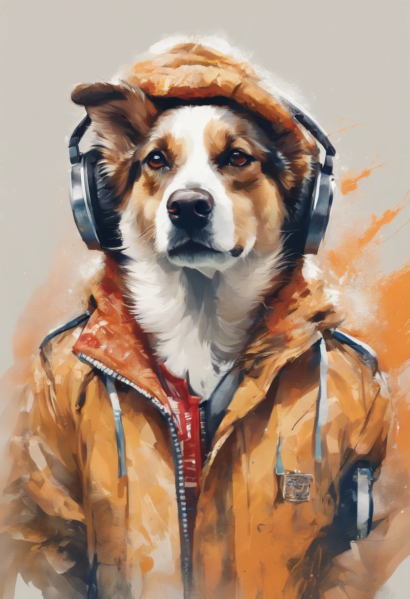 Perfect centering, Cute dog, Wear a student team jacket, Wearing sunglasses, Wearing headphones, cheerfulness, Standing position, Abstract beauty, Centered, Looking at the camera, Facing the camera, nearing perfection, Dynamic, Highly detailed, smooth, Sharp focus, 8K, high definition resolution, illustration, Art by Carne Griffiths and Wadim Kashin, White background
