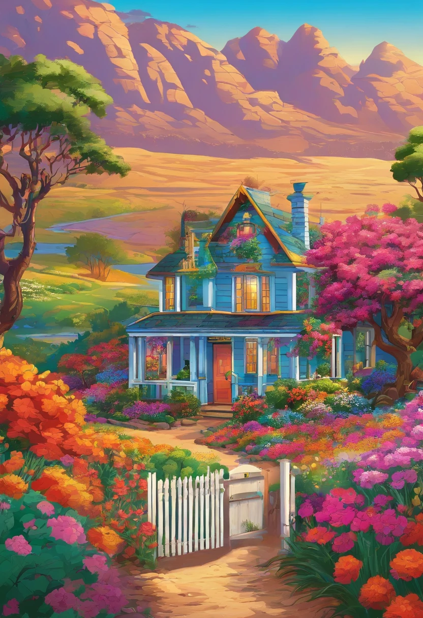 Painting of the cottage, Flowers by the fence, Fences along the road, Mountainous landscape with lake and boats, Illustration matte painting, inspired by Thomas Kinkade, symmetric matte painting, detailed scenic view , style raw, 8 K ultra-detailed, environment design illustration, scenery art detailed, Seaside view, concept-art, 4k highly detailed digital art, 4 k digital painting, 4k digital painting, stunning digital illustration, Desert background, digital painting concept art, Detailed digital painting