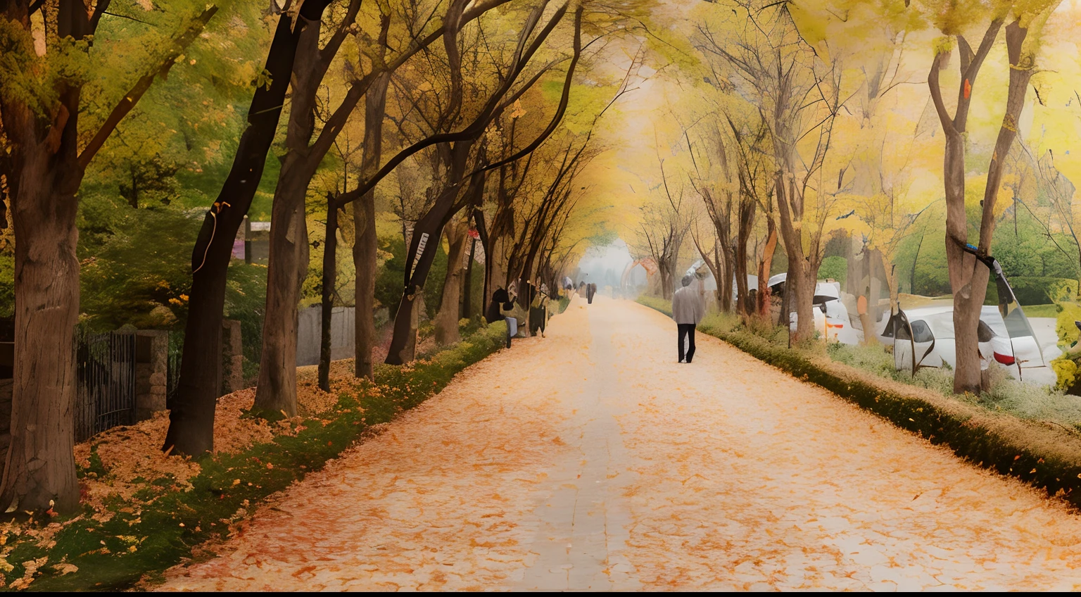 There is a man walking along a path covered with leaves with an umbrella, In the fall, In the fall, During the fall, Otum, sangyeob park, Maple trees along the street, In the fall, Autumn season, splendid, The wind blows the leaves, Autumn season, Falling foliage, Late Fall, Autumn, by Senior Artist, 4 0 9 6, Garden Road