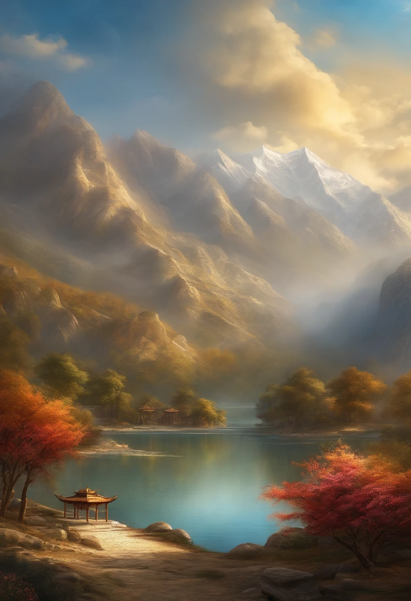 An ancient islamic painting, ancient islamic background, mountains, rivers, auspicious clouds, pavilions, sunshine, masterpieces, super detail, epic composition, ultra HD, high quality, extremely detailed, official art, unified 8k wallpaper, Super detail, 32k -- v 6