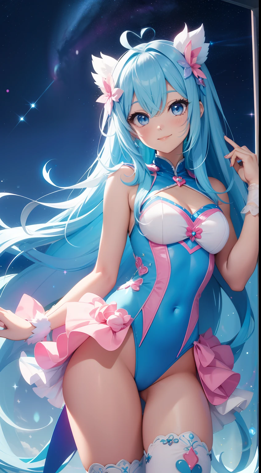 Super Idol a beauty girl A charming smile sky blue hair length hair Twin-tailed Bright white and pink and blue bright sexy leotard outfit Fantasia constellation a moon Crystal Brilliance Aurora Borealis in the Night Sky
