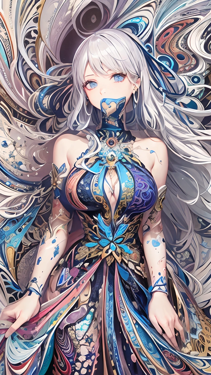 (​masterpiece、top-quality、top-quality、Silvery hair、Official art、Beautifully Aesthetic:1.2)、(1girl in:1.3)、ighly detailed、(Fractal Art:1.2)、colourfull、highestdetailed、(Zentangle:1.2)、(Dynamic Pause) 、（Abstract background：1.5）、（Traditional dress：1.2）、（shinny skin）、（Many colors：1.4）、The upper part of the body