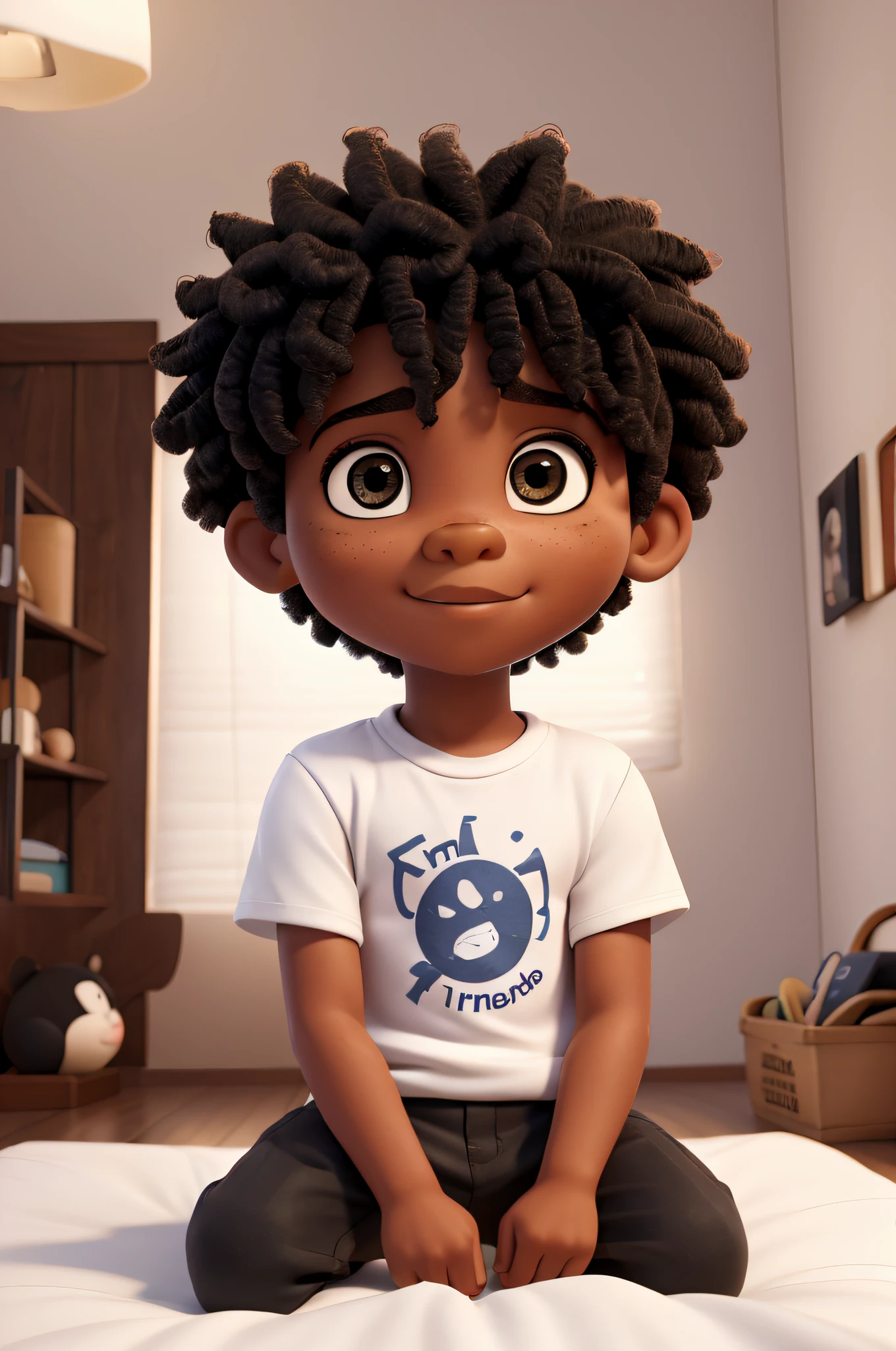 a very young ??? ,oliver, 2y.o boy, african american, short hair, Front view sitting in bed, Looking at camera, black hair, Foto RAW,((camisa preta:1.2)), ((retrato)),afro-descendente, Use uma boina, cabelo estilo militar, Slim and slightly athletic body, Wear white round neck clothes, olhos castanhos, olhos perfeitos, ((fundo branco:1.2)), studio lighting, alta qualidade, filmic grain, Fujifilm XT3, Centralizado