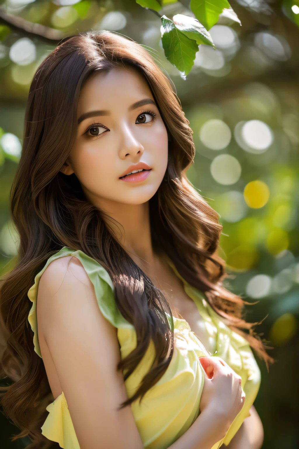 in woods、forest fae、​masterpiece、top-quality、独奏、(paler:1.04)、(Curta:1.15)And(Curvaceous)femele(flawless skin:1.11)And(teats:1.1)、full body Esbian、Beautiful standing figure、high angle and(Yellow dress)、((Near and far law:0.6)Green dress)、(face perfect:1.1)with an intricate(high detal:1.1)Body、covering the navel、hiding breast、covers、eyes up、s lips、wings grow on the back,、Gorgeous brown long wavy hair、photographed by lee jeffries nikon d850 film stock photograph 4 kodak portra 400 camera f1.6 lenses Rich colors Ultra-realistic textures Dramatic lighting Art Station Cinestar 800 Unreal Engine Trends