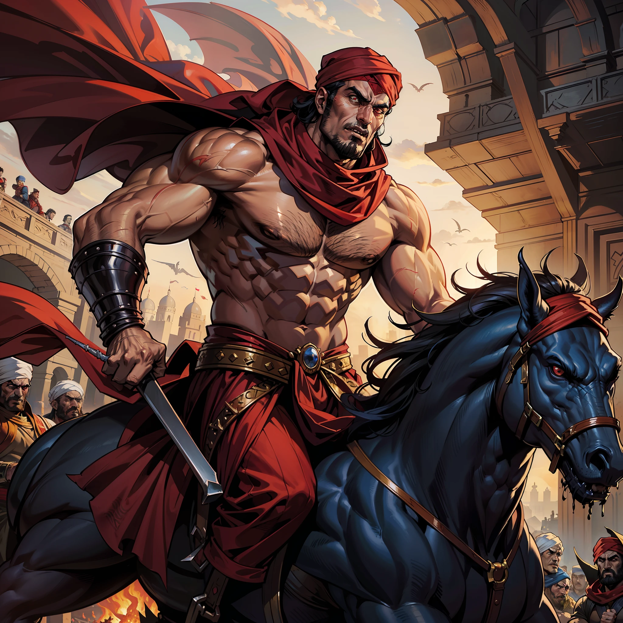 Super Detailed Dynamic Shot of Lord Dracula's Centerpiece Medieval Arab Warrior with a Red Turban Scary Face Hokuto No Ken Structure Muscular Face Kenshiro riding a legendary fire dragon Scary dragon marching with his Moroccan army