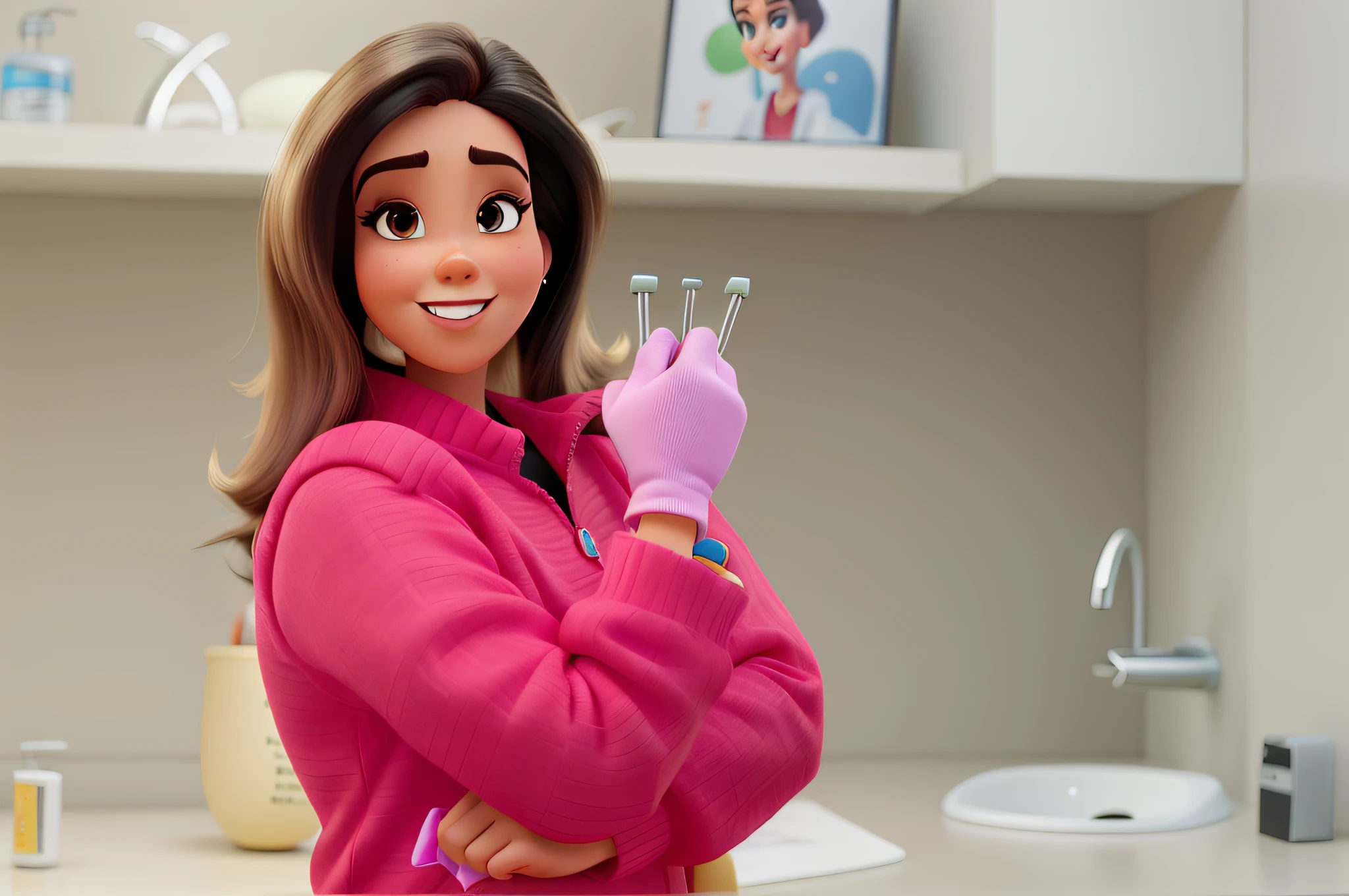 mulher, cabelos castanho, dentista, rosto magro, rosto oval, corpo muito magro, estilo disney pixar, alta qualidade, melhor qualidade, estilo disney pixar, alta qualidade, melhor qualidade, altamente detalhado