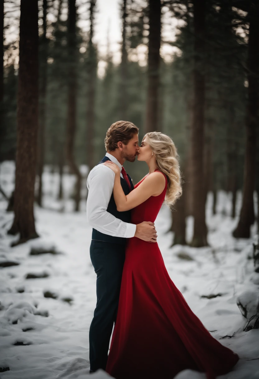 A couple man and woman he very handsome American 30 years old dark blonde hair short wavy vest suit is kissing passionate a beautiful young woman of 25 years blonde hair wears long red dress in a snow forest real photo light face without deformations, ultra realista