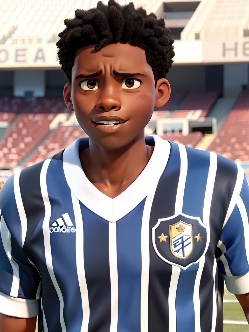 A black boy in a football stadium with black shorts and with expression of determination