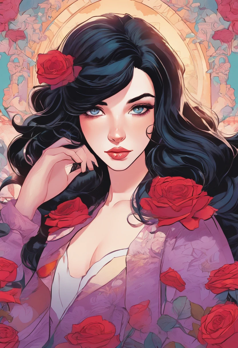 Wavy black hair, pale skin, pale purple eyes, beautiful face, pouty lips, rose in hair, red dress, sweet expression