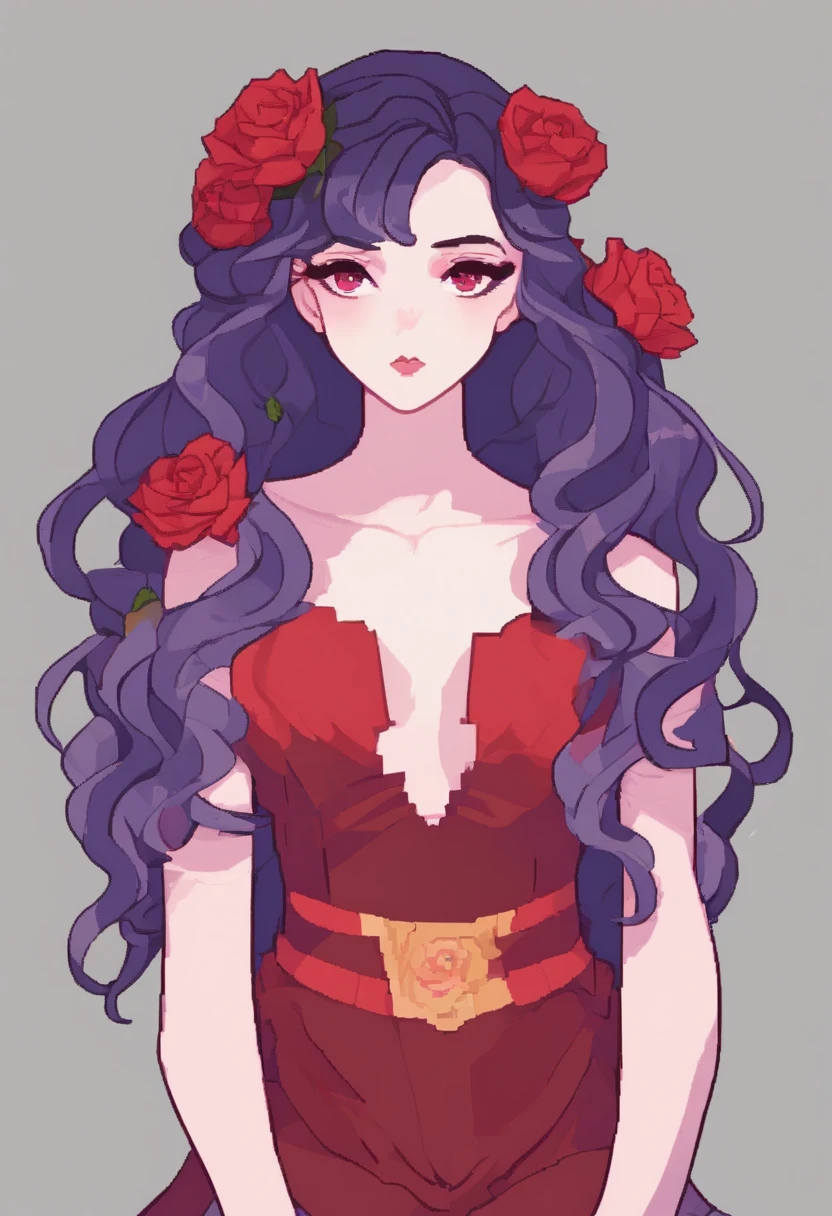 Wavy black hair, pale skin, pale purple eyes, beautiful face, pouty lips, rose in hair, red dress, sweet expression