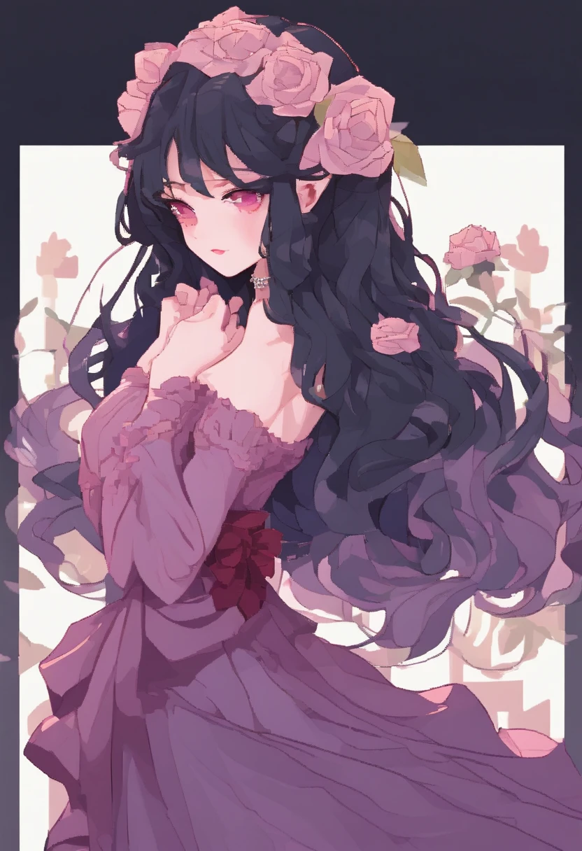 Wavy black hair, pale skin, pale purple eyes, beautiful face, pouty lips, rose in hair, red dress, sweet expression