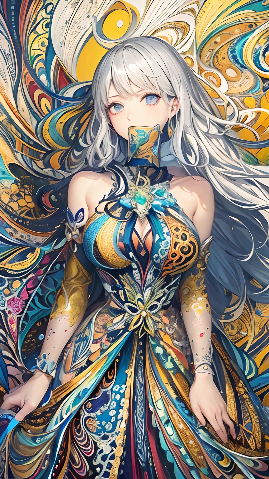 (masterpiece、top-quality、top-quality、Silvery hair、Official art、Beautifully Aesthetic:1.2)、(1girl in:1.3)、ighly detailed、(Fractal Art:1.2)、colourfull、highestdetailed、(Zentangle:1.2)、(Dynamic Pause) 、(Abstract background:1.5)、(Traditional dress:1.2)、(shinny skin)、(Many colors:1.4)、Deities々Right、golden colored