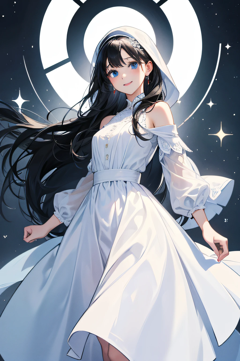 1 girl, high res, long black hair, blue eyes, wearing cute and modest white dress, happy and elegant, motivating, bright, ultrasharp, 8K, masterpiece, looking at the canvas