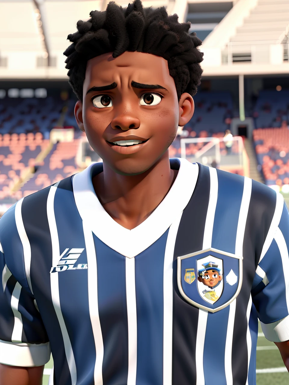 A black boy in a football stadium with black shorts and with expression of determination