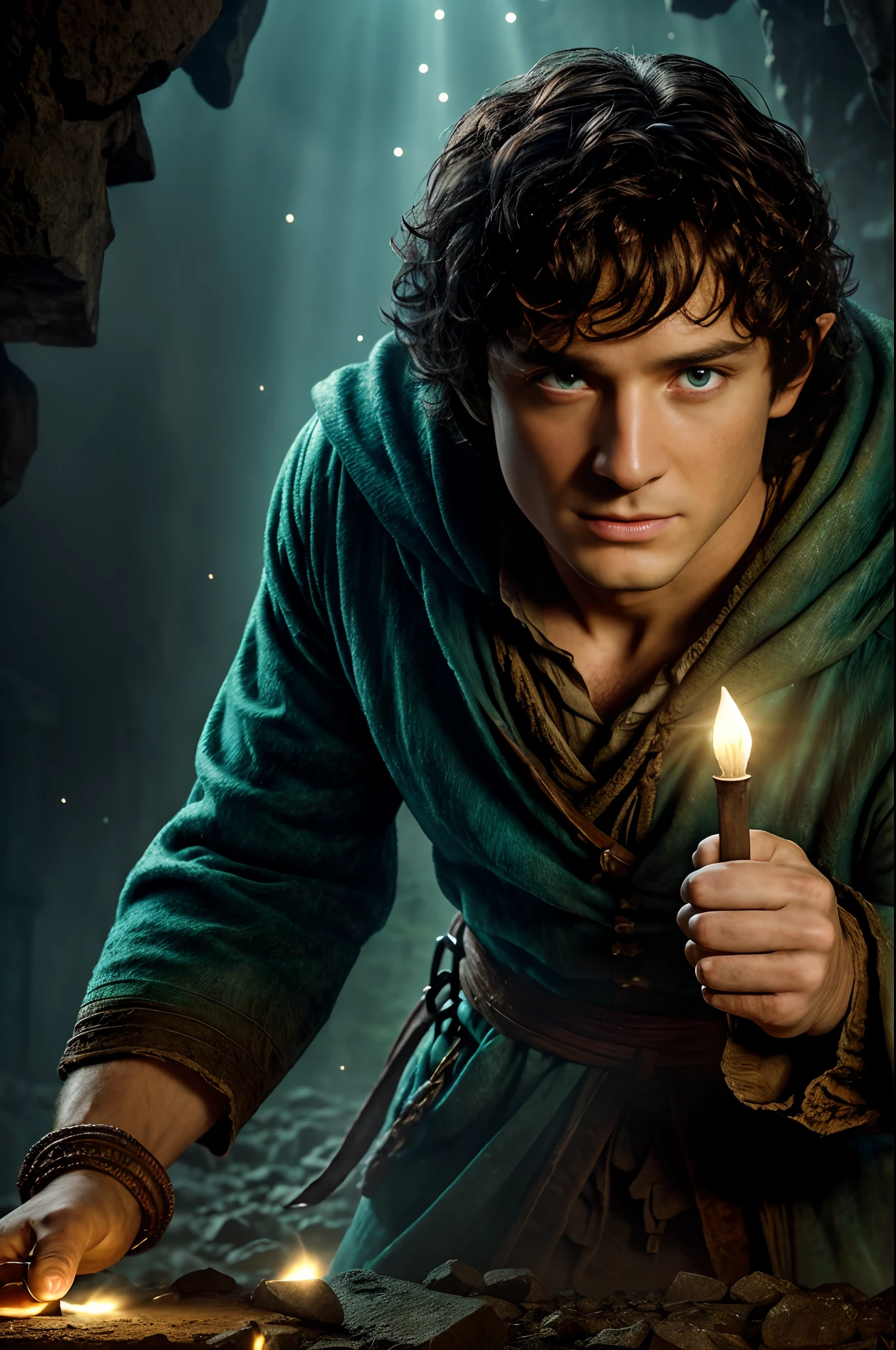 lord of the ring,Frodo Baggins(Frodo Baggins)Hold the light of Eyarendil illuminating the dark cave,Lots of cobwebs on the back,tmasterpiece,(best qualtiy),highly detailed,ultra - detailed,(Dynamic pose:1.2),(Dynamic camera),8K, High definition, Detailed face, Detailed eyes, Hyper-realistic, + cinema shot + Dynamic composition, Old ruins infested with plants, great temple, great cathedral, Temple ruins, detached temple, (Luminous magic circle), Ancient Castle Site, Deserted ruins, crumbling ruins, Highly detailed, Ultra-realistic, Intricate details, Painting (artwork of a), ((Masterpiece,Best quality)), ((Cinematic light)), Ultra photo realsisim, fearsome, Dark fantasy, holy rays, epic realistic, Faded, ((com cores neutras)), (hdr:1.5), (pastel colour:1.2), ultra - detailed, (Art Station:1.5), Cinematic, warm lights, Light effect, Dramaticlight, (Intricate details:1.1), the complex background, (greg rutkovsky:0.8), (Teal and orange:0.4),Professional people photography,Close-up close-up,