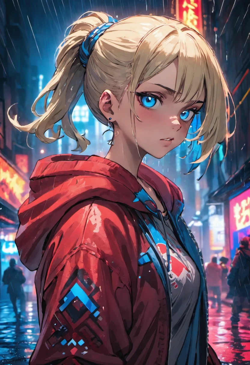 close up photograph, Confident young cyberpunk woman，blonde with blue eyes，Gray hair bun, Wear a hoodie with a red and blue pattern, On the streets soaked with rain at night, Photorealistic, Cinematic lighting