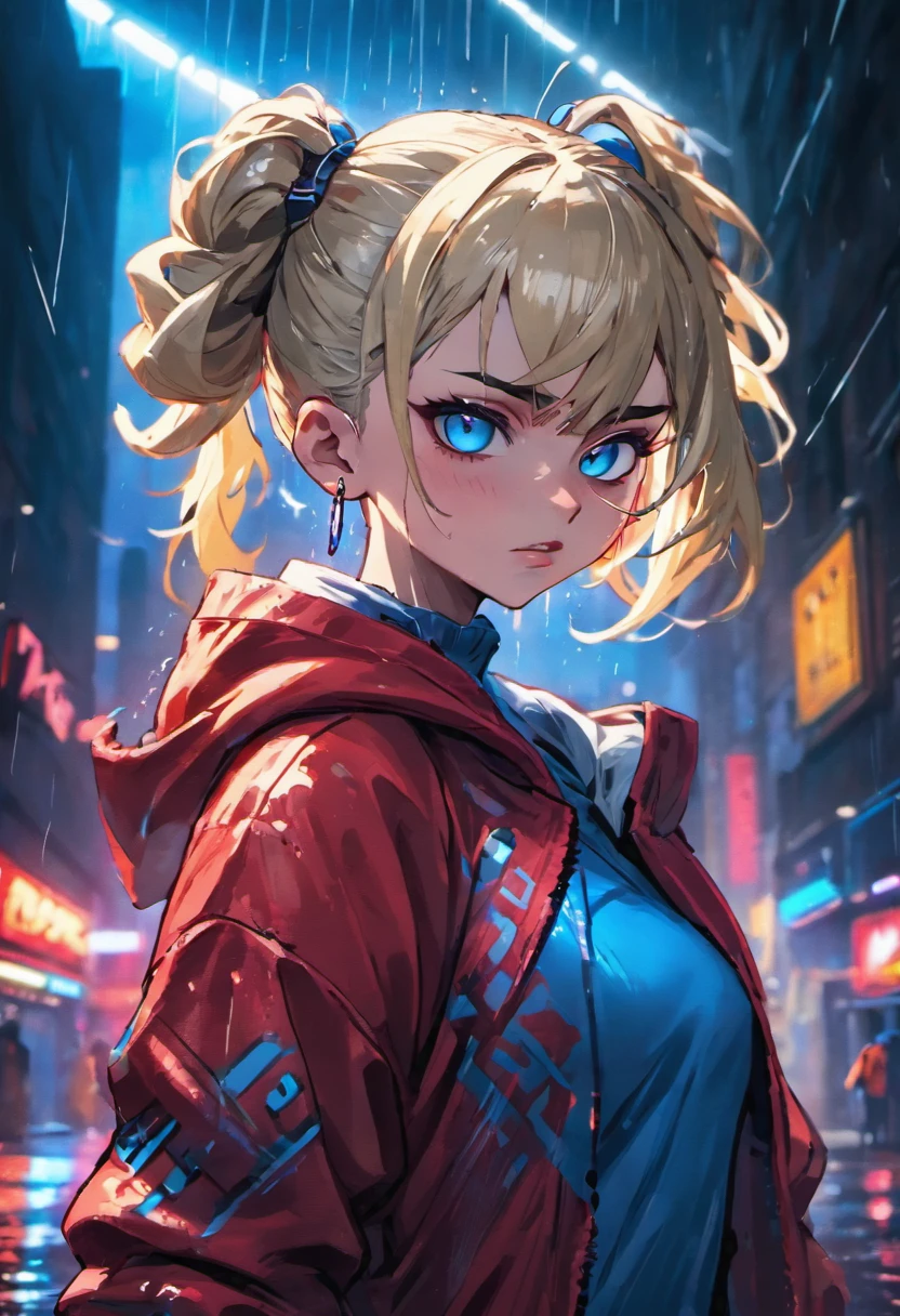 close up photograph, Confident young cyberpunk woman,blonde with blue eyes,Gray hair bun, Wear a hoodie with a red and blue pattern, On the streets soaked with rain at night, Photorealistic, Cinematic lighting