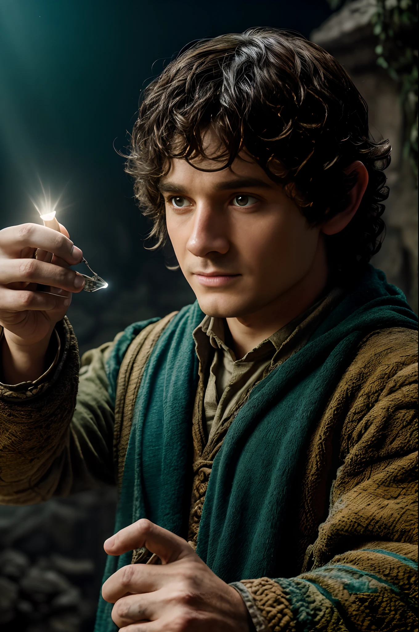 lord of the ring,Frodo Baggins(Frodo Baggins)Hold the light of Eyarendil illuminating the dark cave,Lots of cobwebs on the back,tmasterpiece,(best qualtiy),highly detailed,ultra - detailed,(Dynamic pose:1.2),(Dynamic camera),8K, High definition, Detailed face, Detailed eyes, Hyper-realistic, + cinema shot + Dynamic composition, Old ruins infested with plants, great temple, great cathedral, Temple ruins, detached temple, (Luminous magic circle), Ancient Castle Site, Deserted ruins, crumbling ruins, Highly detailed, Ultra-realistic, Intricate details, Painting (artwork of a), ((Masterpiece,Best quality)), ((Cinematic light)), Ultra photo realsisim, fearsome, Dark fantasy, holy rays, epic realistic, Faded, ((com cores neutras)), (hdr:1.5), (pastel colour:1.2), ultra - detailed, (Art Station:1.5), Cinematic, warm lights, Light effect, Dramaticlight, (Intricate details:1.1), the complex background, (greg rutkovsky:0.8), (Teal and orange:0.4),Professional people photography,Close-up close-up,
