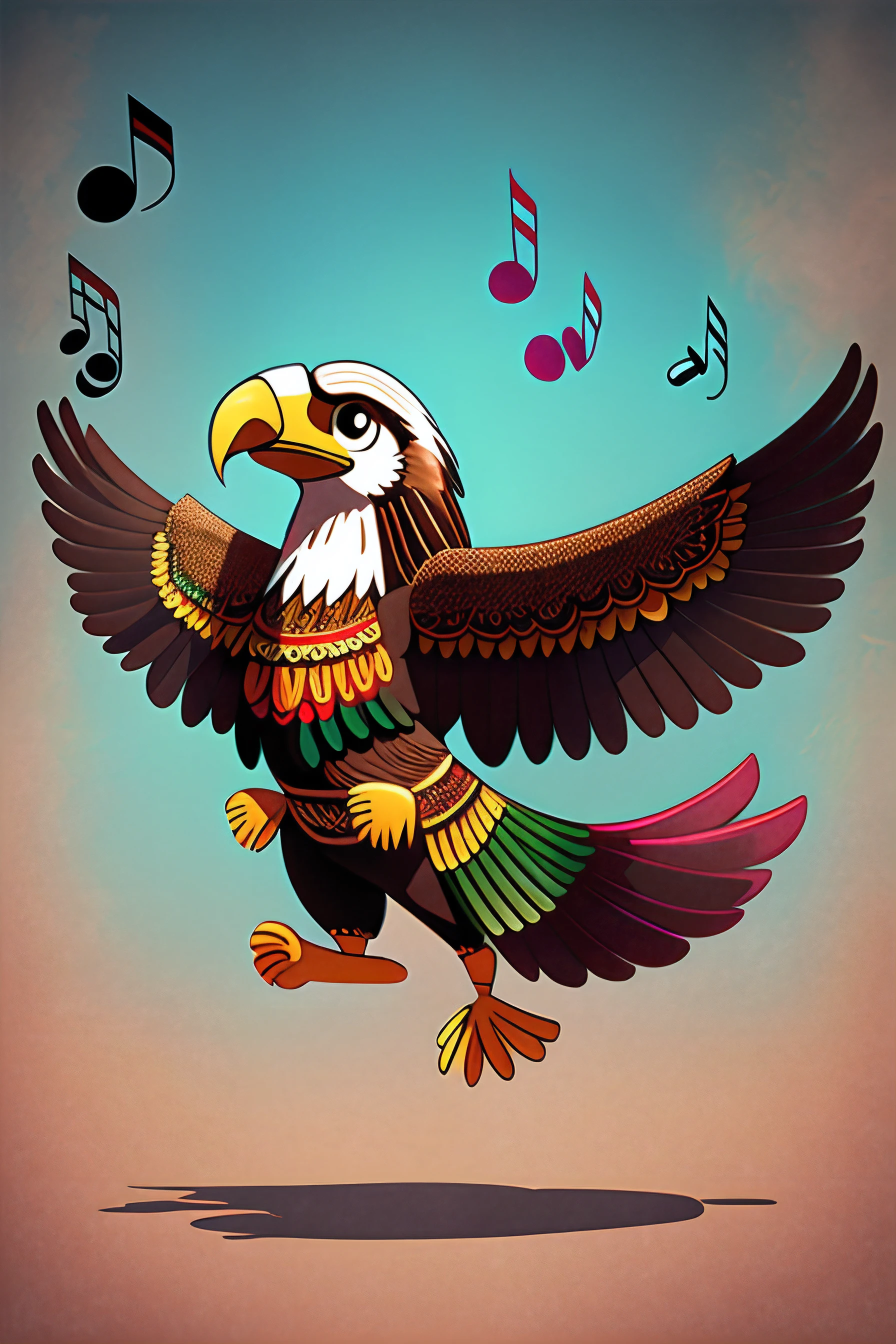 cartoon mexican eagle dancing with music notes around it