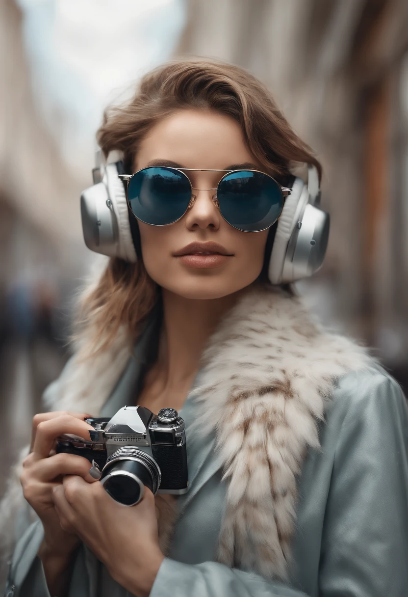 Perfect centralization, um gatinho branco bonito, Use uma jaqueta de estudante, wearing sunglasses, Usando fones de ouvido, Standing position, beleza abstrata, Centrado, looking at the camera, Facing the camera, nearing perfection, Dynamic, luar, altamente detalhado, pintura digital, art stations, Conceito-Arte, liso, foco nítido, 8k, high-definition resolution, illustration, arte de Carne Griffiths e Wadim Kashin, fundo branco