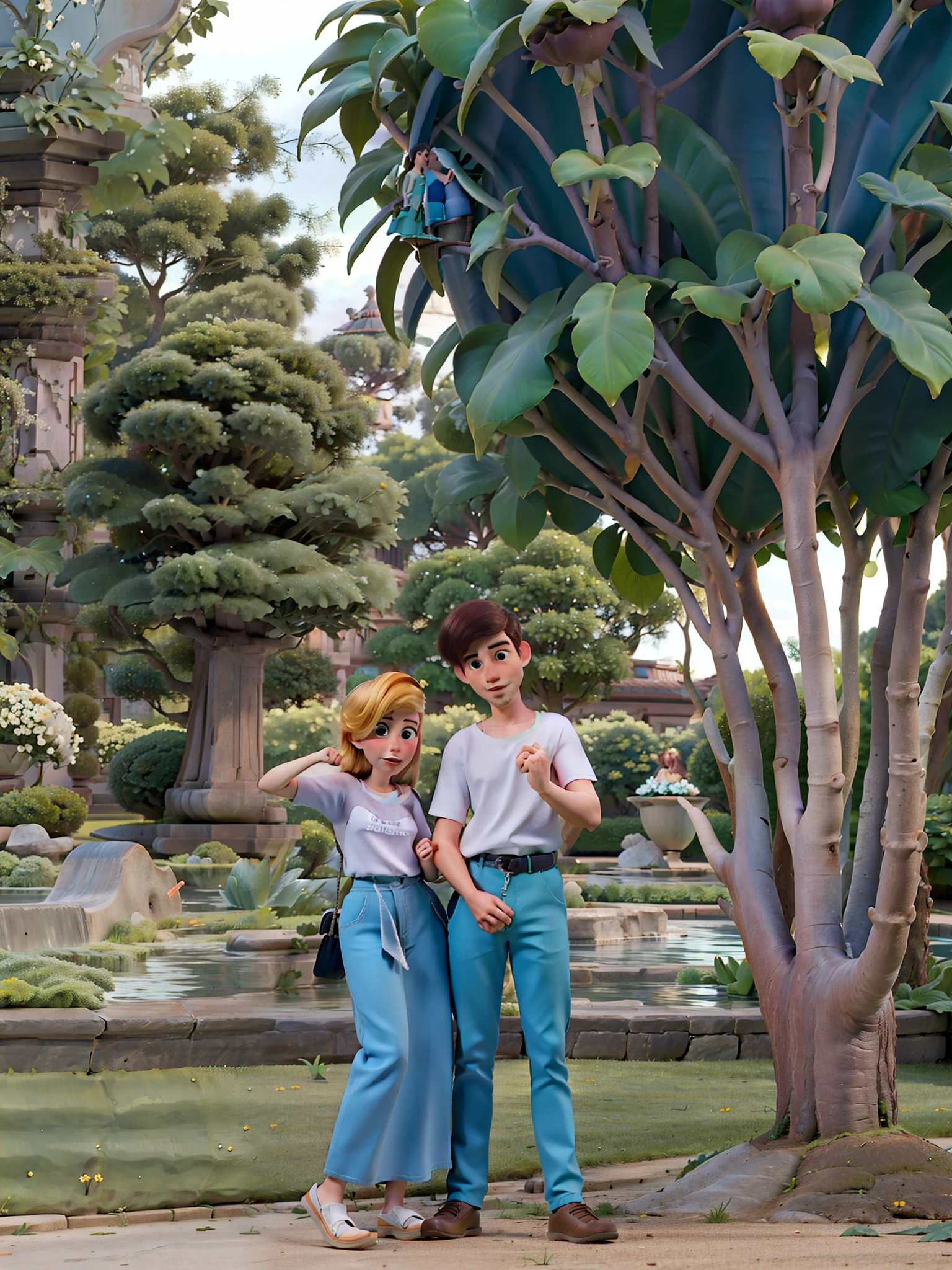 there are two people standing next to each other in front of a tree, in garden, couple pose, taken with the best dlsr camera, standing in a botanical garden, full protrait, protrait, scenary, couple, with a tall tree, in a garden, taken with sony alpha 9, lovely couple, in the garden, potrait