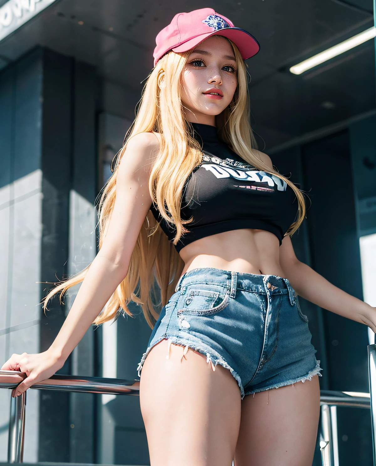 1girl, (Blue eyes), (Smile), (Sana Minatozaki), wide hips, Big Boobs, big ass, (Best Quality, 8k, Masterpiece: 1.3), perfect hands, Clear Focus: 1.2, Perfect Body Beauty: 1.4 , Slender Abs: 1.2, Highly detailed face and skin texture, detailed eyes, double eyelids, (blonde long hair :1.4), (black tubetop), (skinny denim shorts), (pink sports cap), standing, (view from below :1.2), in a shopping center