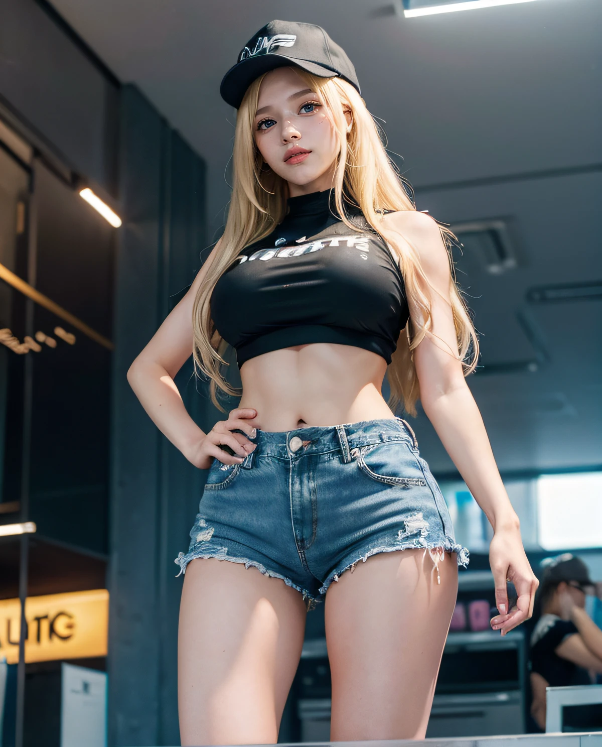 1girl, (Blue eyes), (Smile), (Sana Minatozaki), wide hips, Big Boobs, big ass, (Best Quality, 8k, Masterpiece: 1.3), perfect hands, Clear Focus: 1.2, Perfect Body Beauty: 1.4 , Slender Abs: 1.2, Highly detailed face and skin texture, detailed eyes, double eyelids, (blonde long hair), (black tubetop), (skinny denim shorts :1.3), standing, (view from below :1.2), look back, in a shopping center