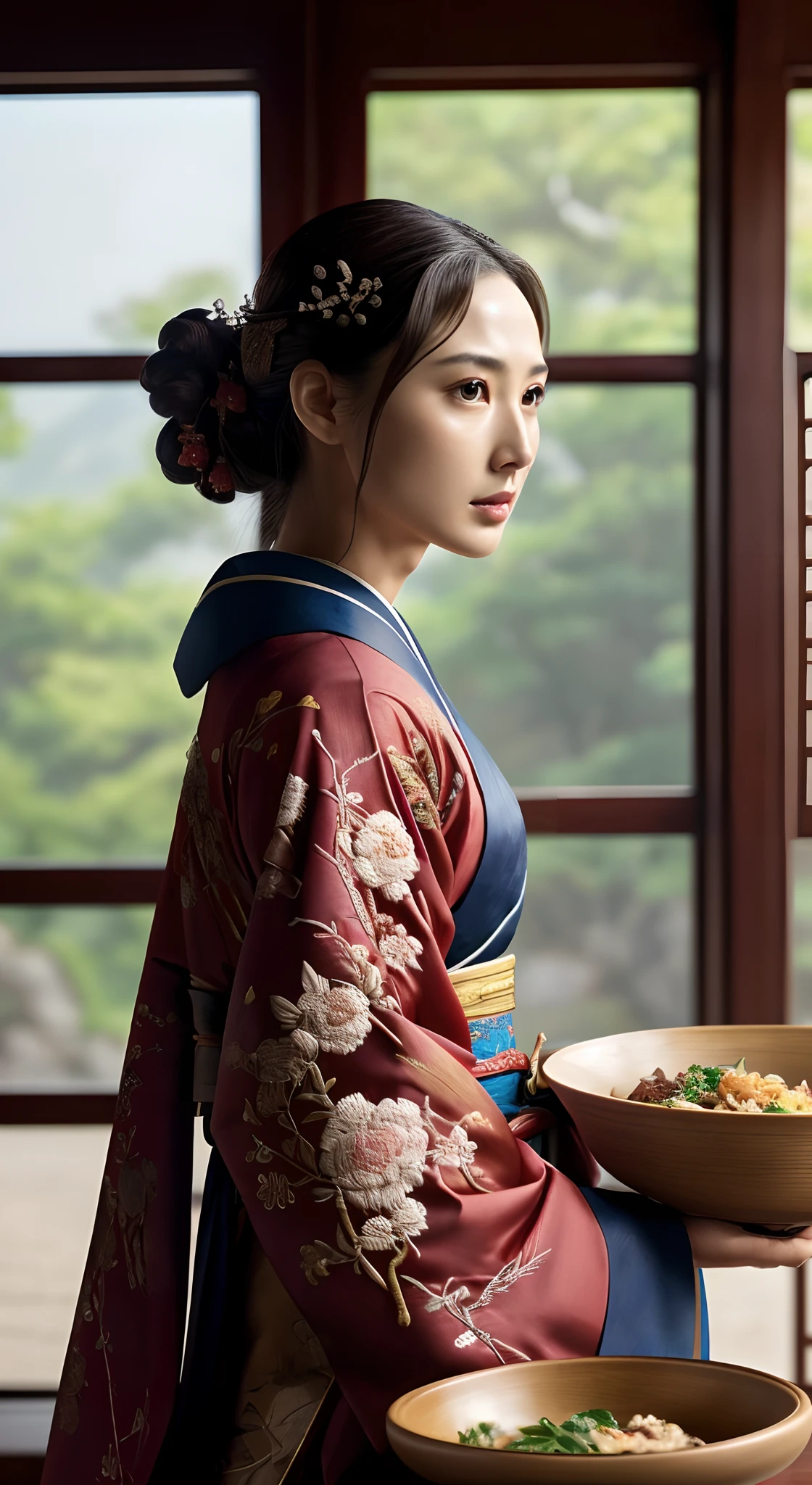 There was a woman sitting at the table,Gal Gadot, Perfect eyes, Beautiful face,pale brown hair, short detailed hair, bobo head, side parted hair,Background of details,Break ,exquisite costumes(Luxury kimono(red kimono(Detailed Embroidery)),Break,Wallpapers 16K,(masutepiece:1.5), (Best quality:1.5),Carrying a bowl of food, Inspired by Cao Zhibai, Inspired by Fenghua Zhong, inspired by Dong Yuan, inspired by Cao Buxing, Inspired by Feng Zhu, Guviz-style artwork, inspired by Chen Hong, inspired by Zhao Mengfu, Beautiful character painting, inspired by Xu Wei,