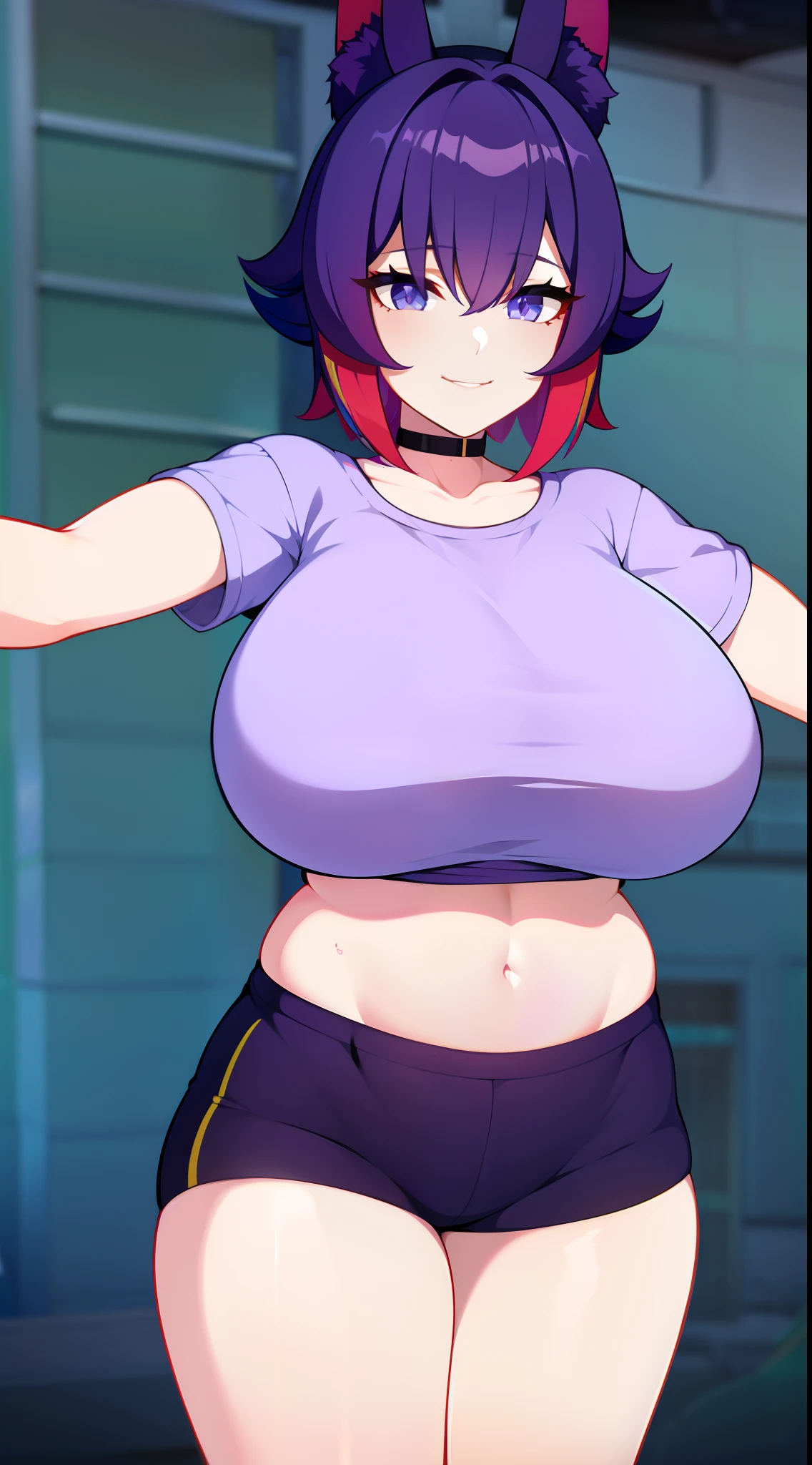 young girl, multi-colored hair, Short purple hair with yellow tips, Fox ears, blue eyes, Smile, open belly, Purple T-shirt, Huge-breasts, red tattoos, Shorts, Masterpiece, hiquality, 4k, HD, Good detail