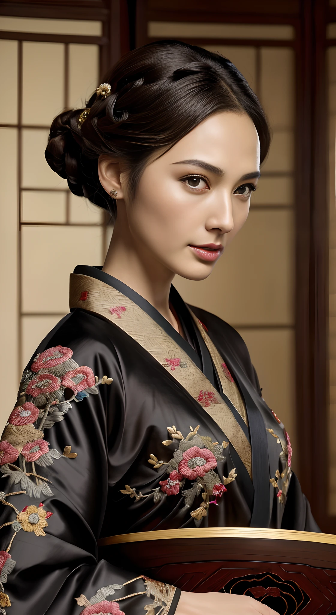 There was a woman sitting at the table,Gal Gadot, Perfect eyes, Beautiful face,pale brown hair, short detailed hair, bobo head, side parted hair,Background of details,Break ,exquisite costumes(Luxury kimono(red kimono(Detailed Embroidery)),Break,Wallpapers 16K,(masutepiece:1.5), (Best quality:1.5),Carrying a bowl of food, Inspired by Cao Zhibai, Inspired by Fenghua Zhong, inspired by Dong Yuan, inspired by Cao Buxing, Inspired by Feng Zhu, Guviz-style artwork, inspired by Chen Hong, inspired by Zhao Mengfu, Beautiful character painting, inspired by Xu Wei,