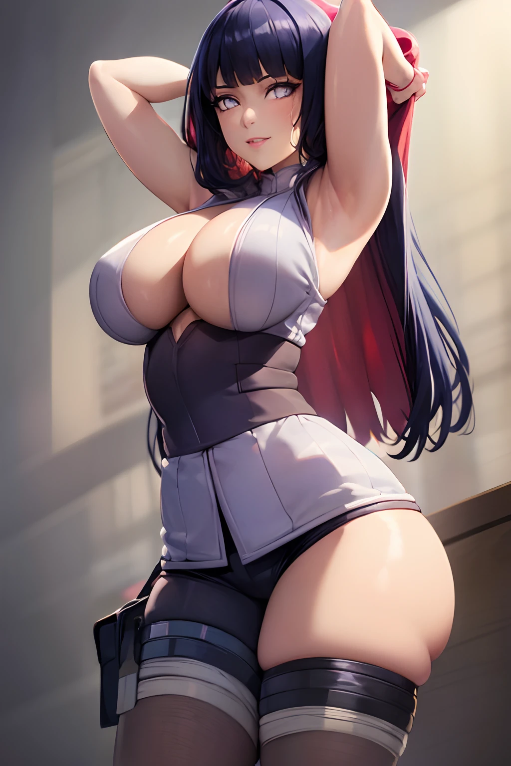 Perfect, masterpiece, (best quality, highres:1.2), 1girl, beautiful detailed eyes, beautiful detailed lips, extremely detailed eyes and face, long eyelashes, medium:oil painting, vivid colors, HDR, studio lighting, ultra-fine painting, sharp focus, physically-based rendering, extreme detail description, portraits, curvy body, big breasts, perfect shape, facing viewer, sweaty, gorgeous, arms up, sleeveless turtleneck, straddling, smiling