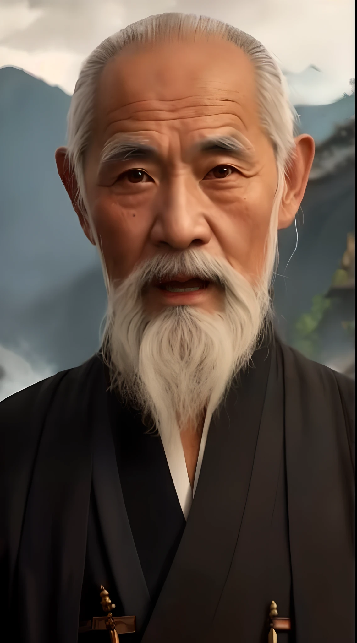 One with a white beard,Old man in black robe, inspired by Wu Daozi, Inspired by Hu Zaobin, Taoist master, inspired by Li Gonglin, Taoist, old jedi master, Inspired by Cao Zhibai, inspired by Wu Bin, inspired by Zhao Mengfu, Highly detailed VFX portrait, Wise old man
