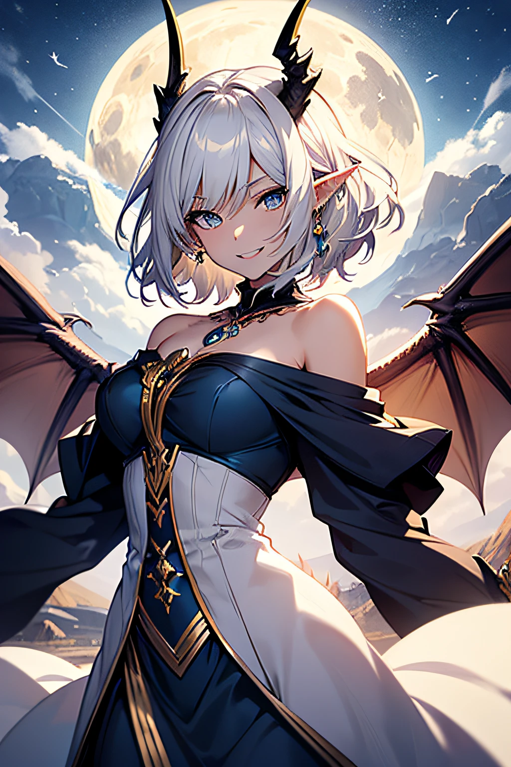 1woman, Highly detailed, elf ears, very short hair, white hair, asymmetrical hair, wavy hair, ornate dress, blue eyes, glowing eyes, fangs, dragon eyes, feathered hair, blue gem necklace, slender, angel wings, small-medium chest, dragon horns, masterpiece, arms open for an embrace, under the moon, smiling