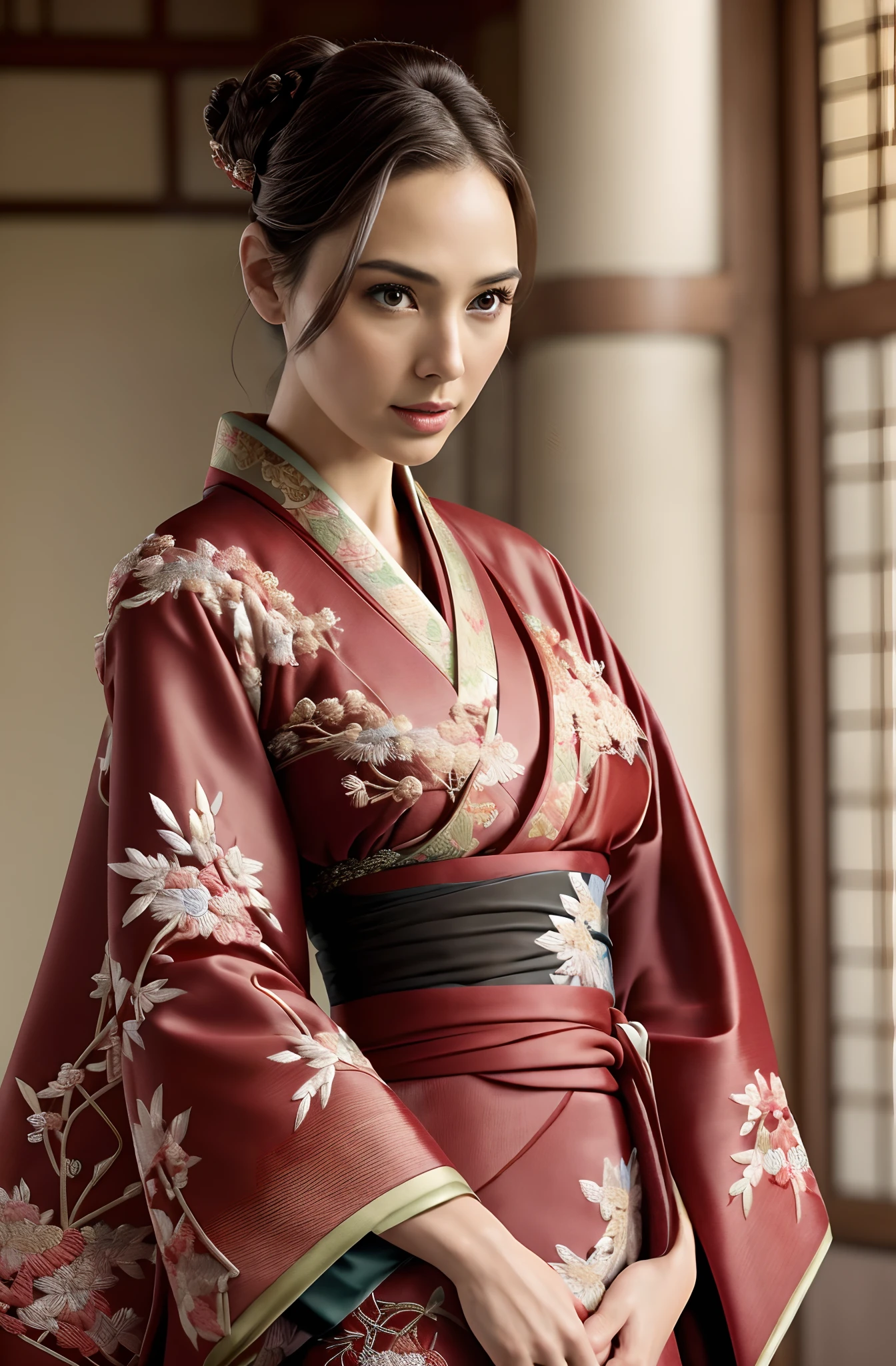 Gal Gadot, Perfect eyes, Beautiful face,pale brown hair, short detailed hair, bobo head, side parted hair,Background of details,Break ,exquisite costumes(Luxury kimono(red kimono(Detailed Embroidery)),Break,Wallpapers 16K,(masutepiece:1.5), (Best quality:1.5),