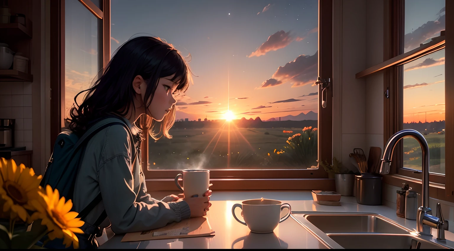 Lofi girl in kitchen, looking out of window near sink, steaming cup of tea in hand, cat on table,Makoto Shinkai style, trending on ArtStation, UHD::1.5 centered composition at sunset in country lane with rustic charm:: Warm lighting, long shadows, telephoto lens:: hands, fingers::-0.5 --ar 16:9 --niji --style scenic (Full of tension, full of dramatic picture), (vast sky), (beautiful skyline), (large grassland), (high hanging North Star), (colorful natural light), (long-sleeved top), (denim Shorts),(girl, carrying a backpack),(black hair),(slightly curly hair),(front view),(silhouette in the sun):(0.8), (moving visual effect),(large area of grass), (Flowers in the grass), (NASA-level stars), (fresh, natural lighting), (a new moon), (beautiful sunrise), (dynamic photographer's angle): (scenery details) ,(Brightly colored landscape),(Clear and sharp depth of field),(Pure blue sky): (0.5)