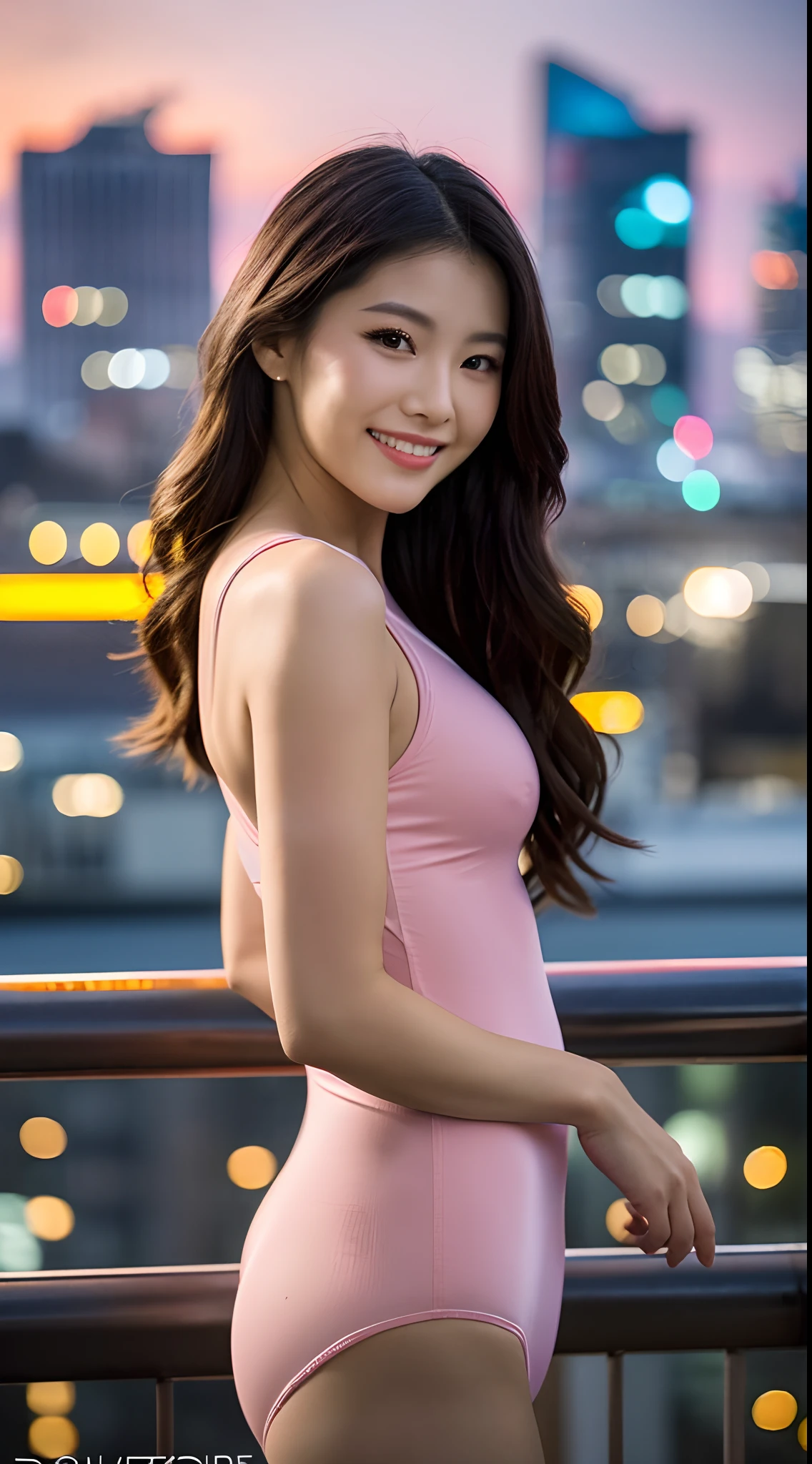 ((full bodyesbian))、(((Pink leotard)))、(((In the city at dusk)))、((1人))、((A sexy))、((Beautiful adult woman))、((A slight smil))、Glamour、Photorealsitic、Beautiful detailed eyes、Hyper-Realism、highcontrast、Ultra HD、realistic skin textures、Top image quality、top-quality、超A high resolution、Fine details、Very meticulously