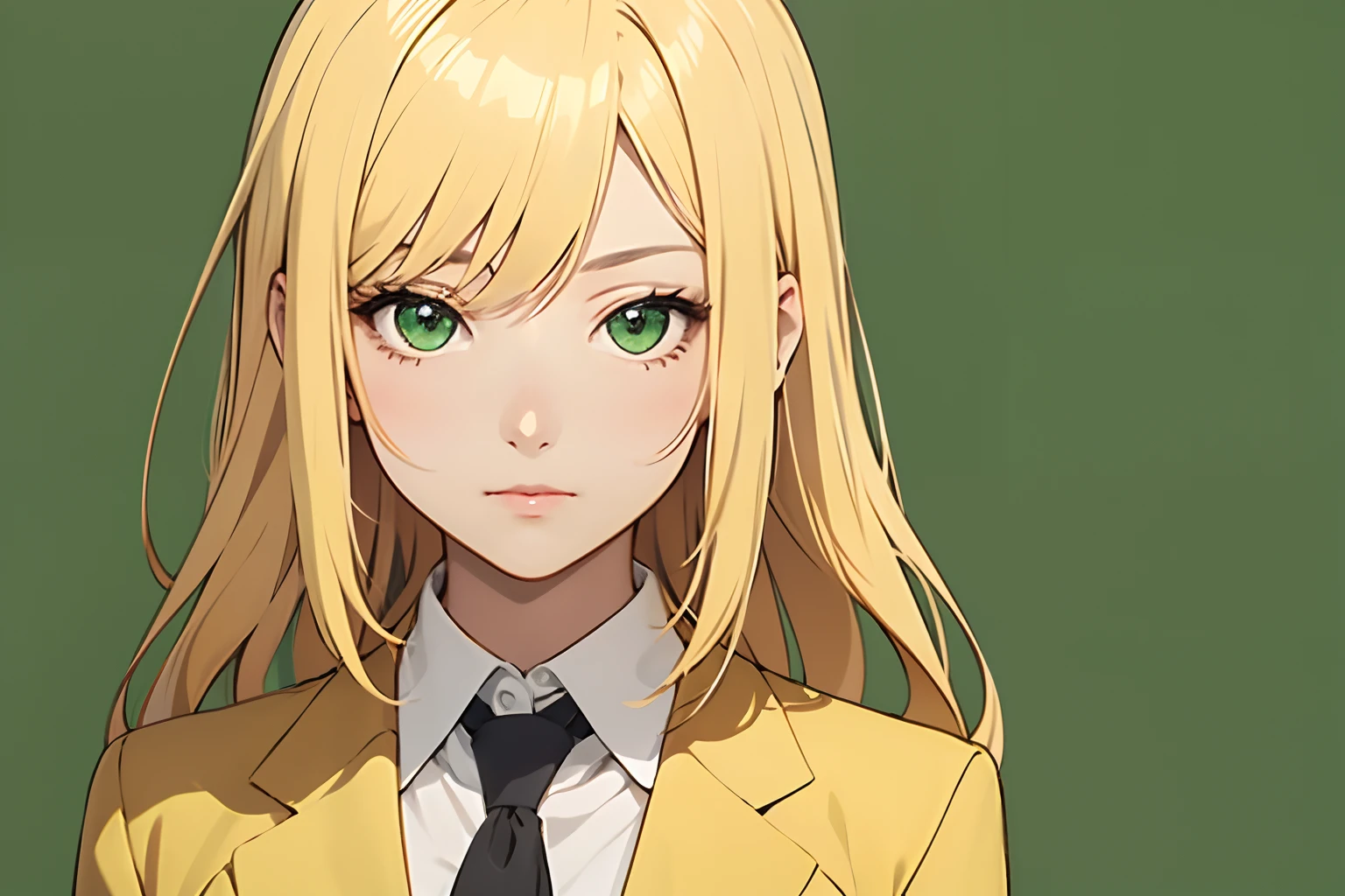 Anime style, 1 girl, yellow hair strokes, Office suit, Simple background, Plain background, Plain green background