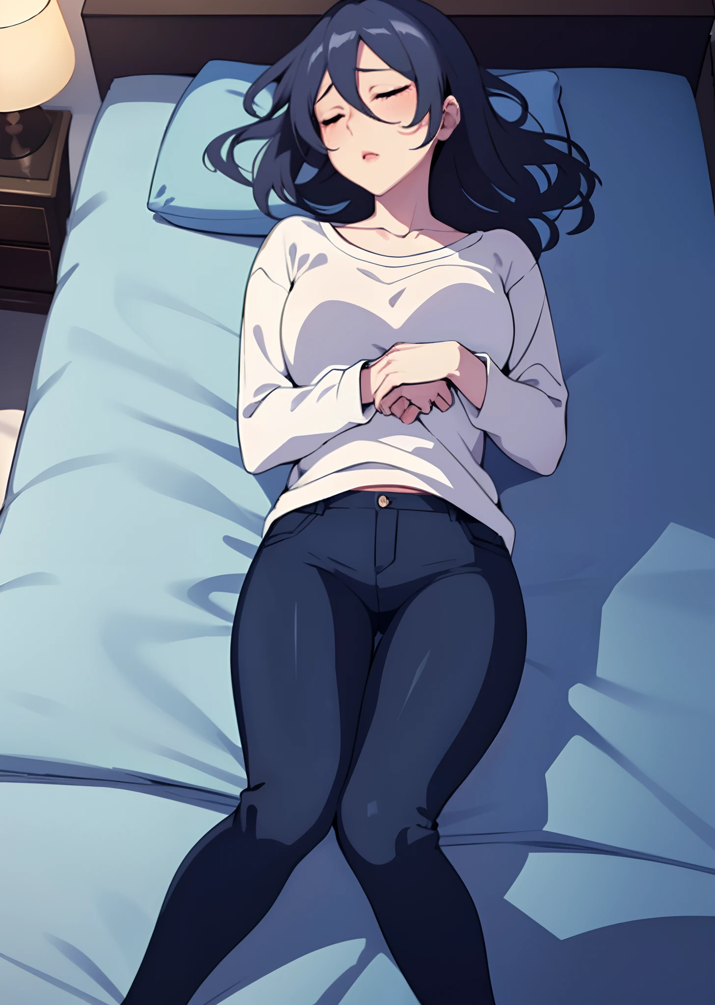 black hair、blue eyes、Downer type、stinky eyes、naked、bedroom、a girl on a boy、feet, having sex