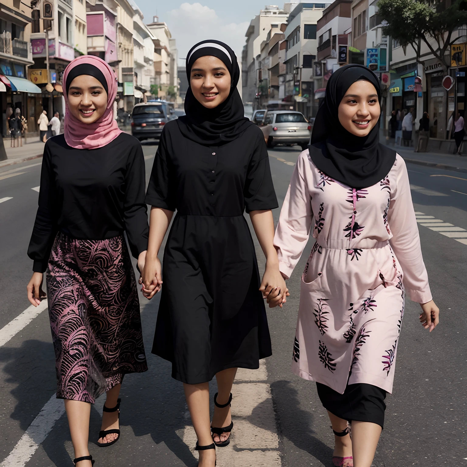 disney pixar poster, a pair of hijab girls wearing long black dresses and soft pink hijabs, with a black haired boy wearing black batik with a pink mega mendung pattern short sleeves holding hands, walking across the road on a zebra crossing in the heritage city, they laughing together, 3d animation