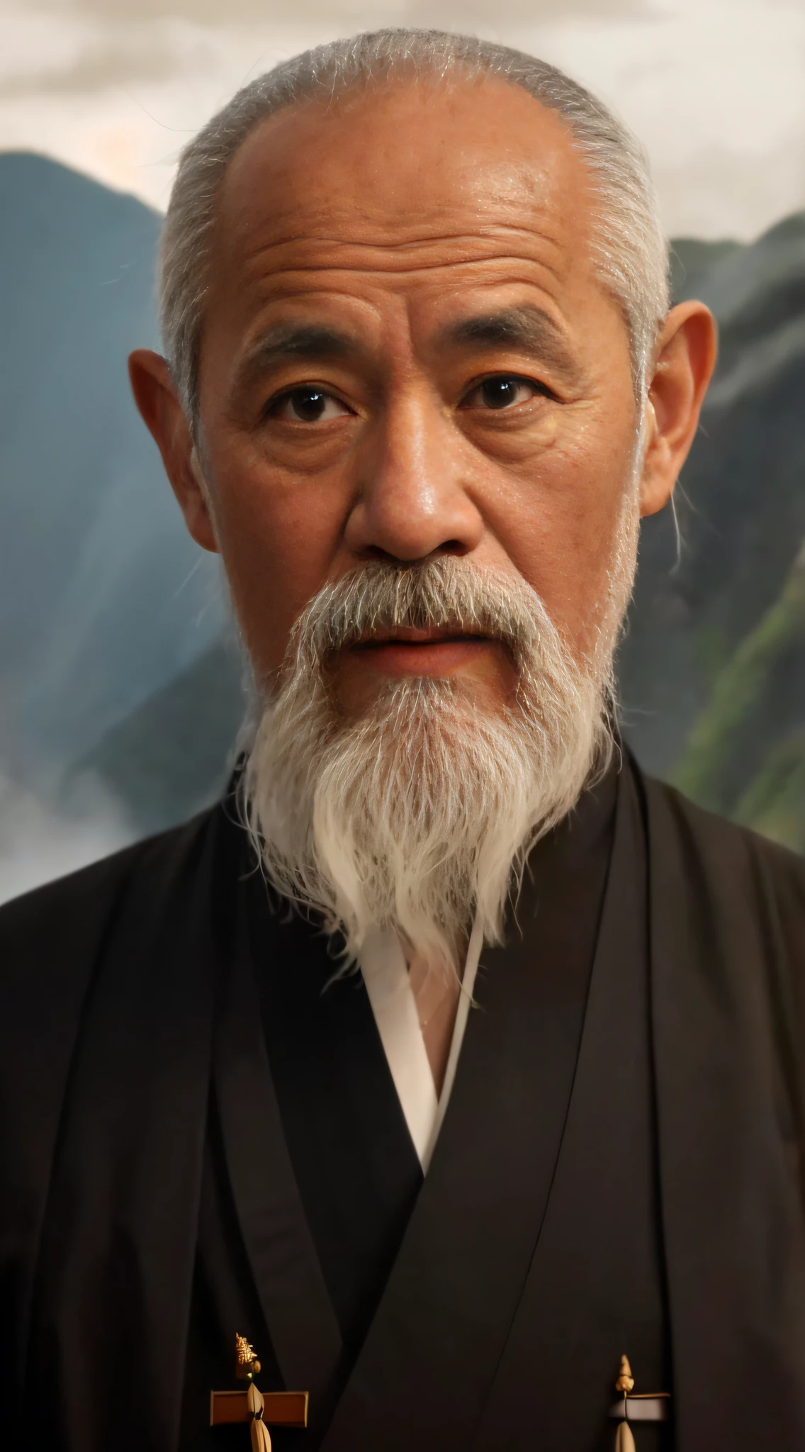 The image of a man with a long white beard and a black robe, inspired by Wu Daozi, Inspired by Cao Zhibai, Inspired by Hu Zaobin, inspired by Dong Yuan, Taoist master, inspired by Zhao Mengfu, inspired by Li Shixing, inspired by Liao Chi-chun, inspired by Wu Li, inspired by Wu Bin,Photo texture,k hd,8K