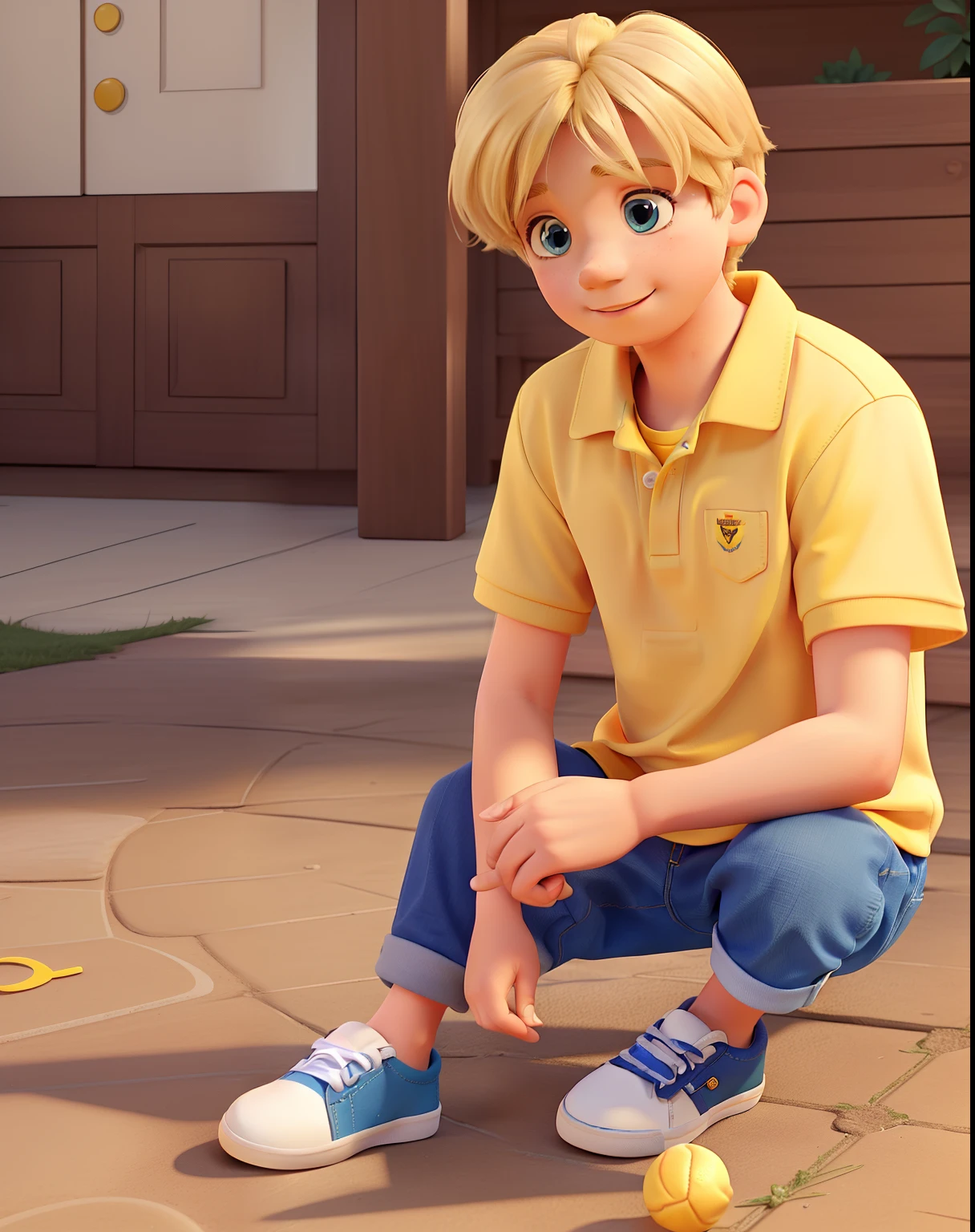1 year old boy with medium blond straight hair with a yellow polo shirt a blue pair of blue jeans a brown and white sneaker