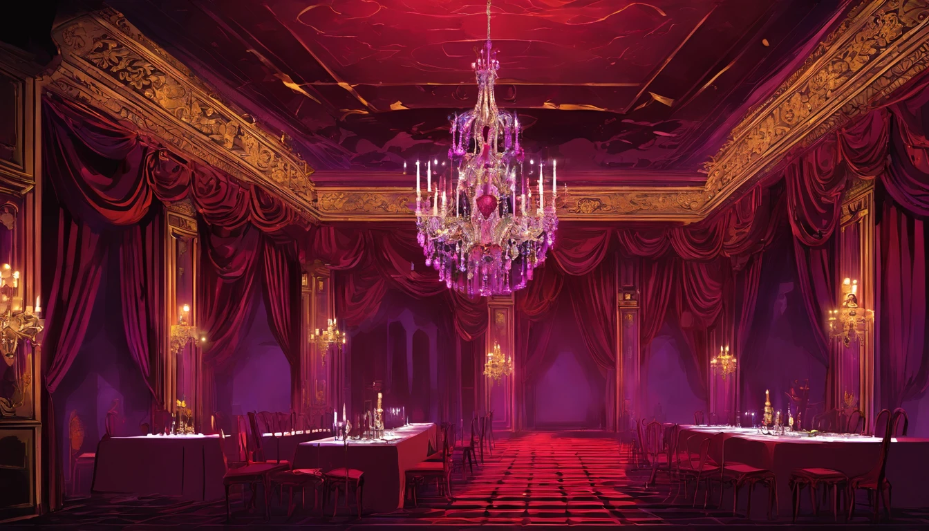 A dark red and purple regal ball room with high chandeliers hanging from the ceiling. There is an open floor. There are masquerade masked people dancing waltz and a banquet. There is music playing. It is evil and sinister. There are people.