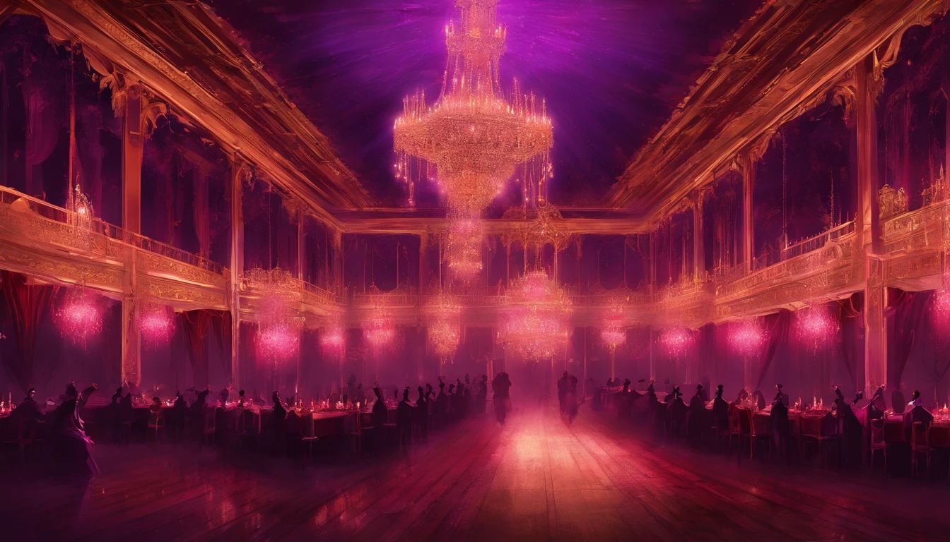 A dark red and purple regal ball room with high chandeliers hanging from the ceiling. There is an open floor. There are masquerade masked people dancing waltz and a banquet. There is music playing. It is evil and sinister. There are people.
