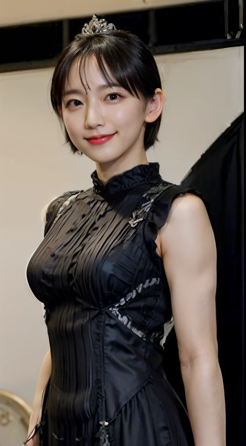 76
(20-year-old princess,is standing), (A hyper-realistic), (masutepiece), ((short-hair:1.46)), (Smooth black hair), (Breast:1.0), (kindly smile:0.9), (Luxurious dresses:1.46), Majestic Palace, Orange Lipstick
