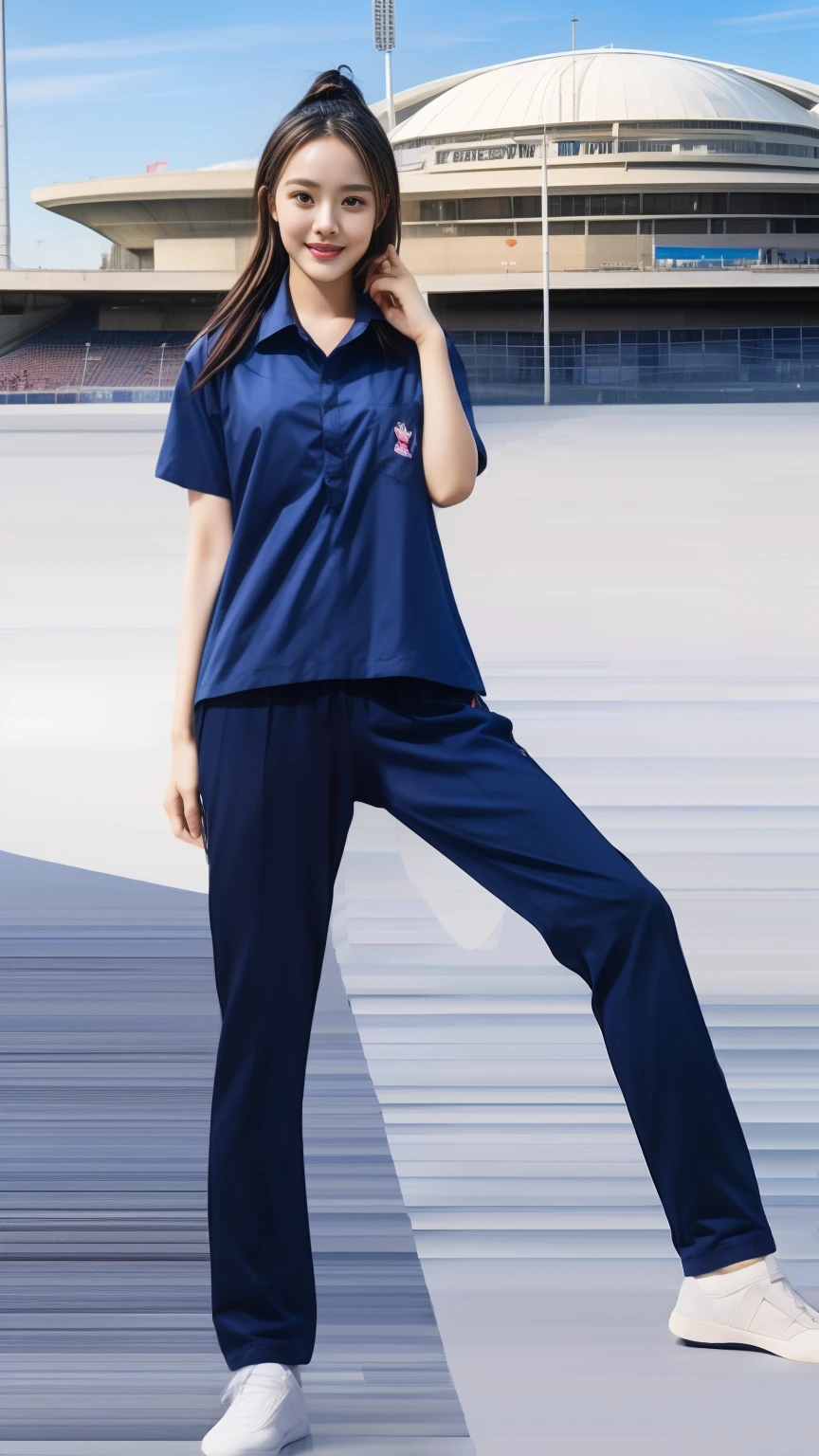 (bestquality,10,10,highres,masterpiece:1.2),ultra-detail,(Realistic,photorealistic portrait,photo-realistic:1.37),1 cute girl sitting on the football field,oily shiny skin,bara,light smile,BDclothes,((blue shirt:1.3)),short sleeves,shirt, trousers.,(navy_long_Pants Track:1.1), ((Stadium Background:1.3)),dynamic angle,excited,face focus,Dynamic Poses,from behide,Ass Focus,masterpiece, bestquality, ultra realistic, hyper-detail, 8k resolution, RAW photo, crisp focus, ((Navy blue shirt:1.1)), short sleeves, Long Path, Perfect body, 2 mature women, 18yo, cinematic light,Blue sweatpants,Gymware,Correct anatomy,Complete body, Correct body, sharp face, Anatomically correct body, full entire body, Realistic gestures, long-haired, Realistic poses,Wear long shorts.....................,Long leg span,Shapely,Sculpting Girl, Slender Figure, mannequin mannequins, Shapely, Beautiful body,Blue sweatpants